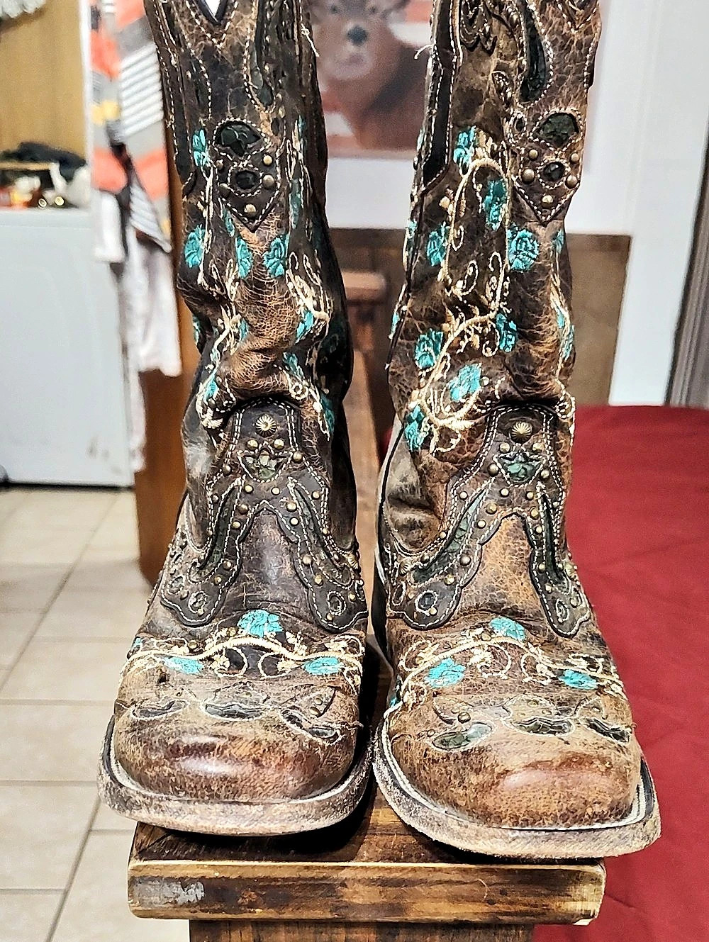 Corral Women's Turquoise & Brown Overlay Square Toe Cowgirl Boots C3768